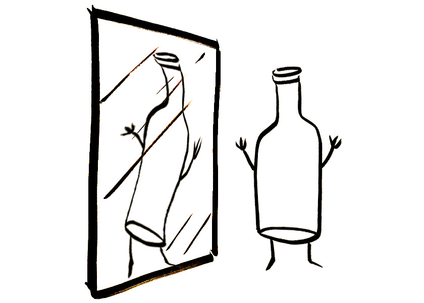 An anthropomorphic wine bottle looks at itself in a funhouse mirror