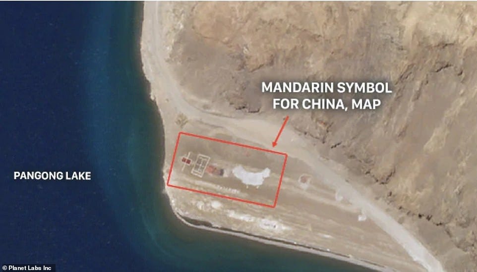 Satellite images show what appears to be Mandarin letters spelling 'China' (left) and a map of the country (right) scrawled on the shoreline of a lake near the disputed border with India