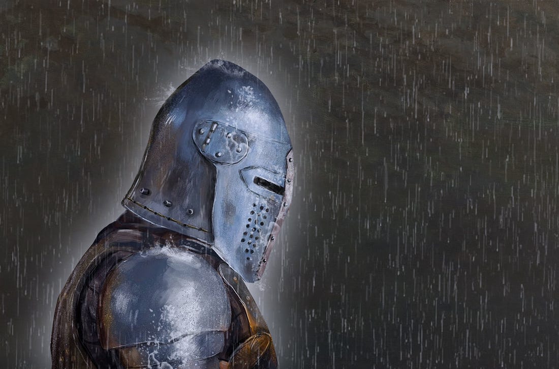 sad knight in rain