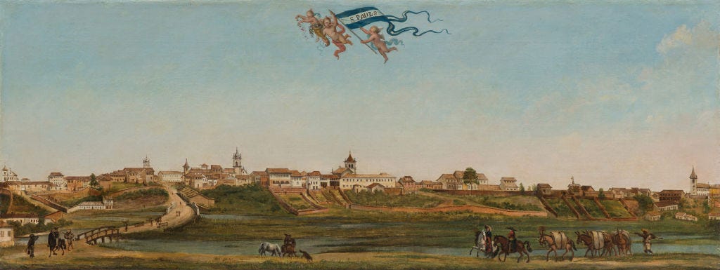 Quadro antigo mostra paisagem rural onde hoje é o Vale do Anhangabaú, em São Paulo, com um rio e cavalos pastando.