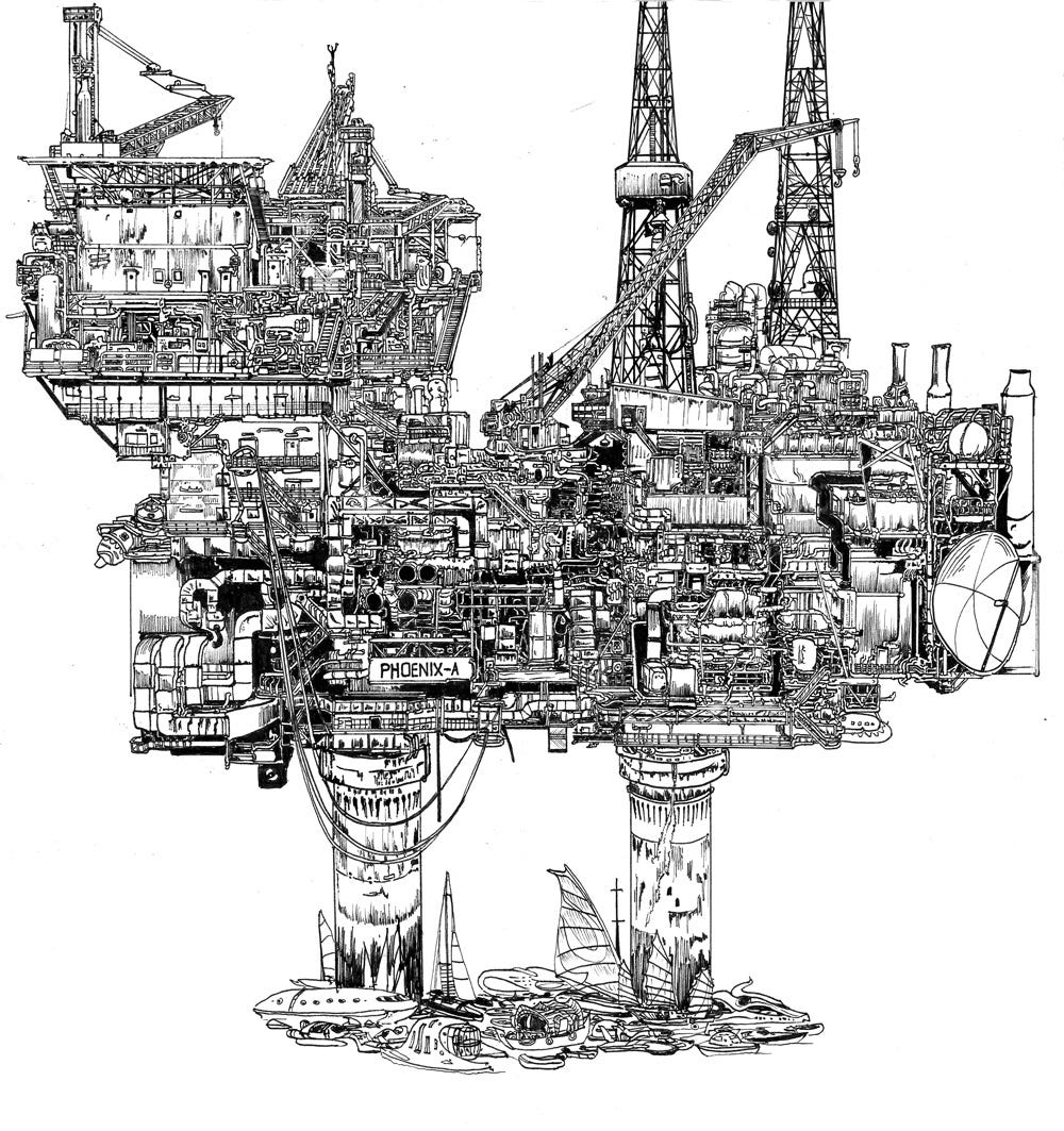 Oil Rig Ink Drawing (to be part of a large piece) Complete — Masha Falkov -  Art and Glasswork