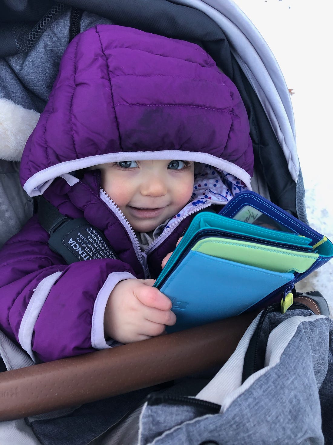 A cute baby in a stroller wearing a snowsuit holding a wallet and smiling