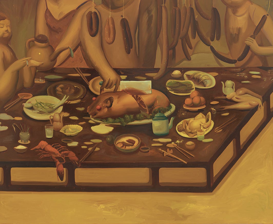 Dominique Fung, The Largest and Most Formal Meal of the Day, 2021, oil on linen, 78 × 94".