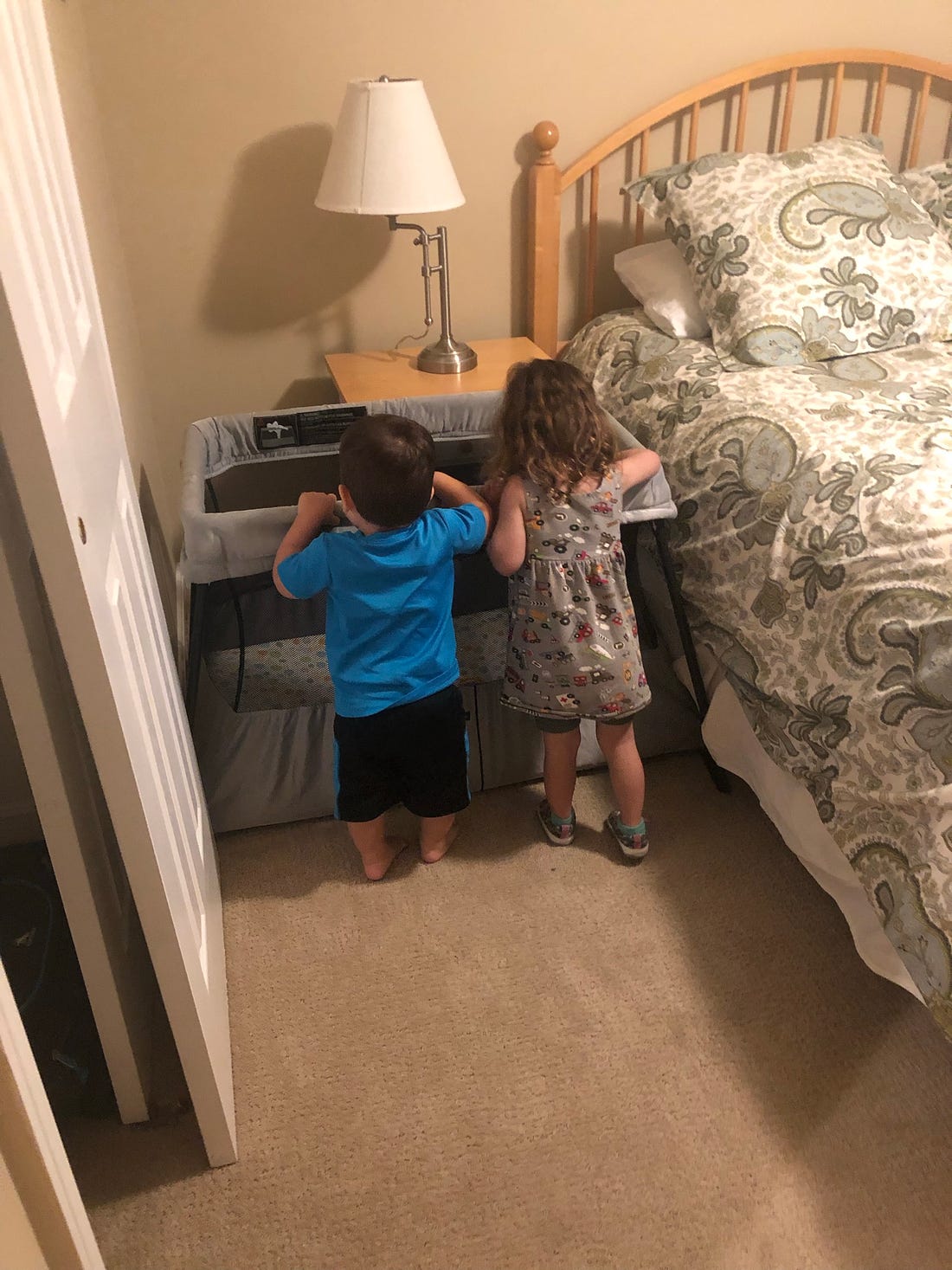 Photo of two toddlers leaning over a travel crib.