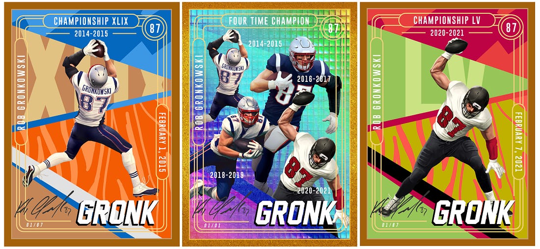 Tampa Bay Buccaneers tight end Rob Gronkowski features as the first pro athlete to release NFT trading cards, in a combination of images released March 9, 2021.  NFT/Handout via REUTERS  