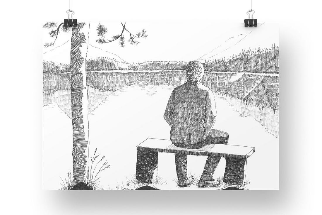 What is your life? | Landscape line drawing of a man sitting on a wooden rustic bench. On the left of the man, there’s a tree. He’s looking ahead to the vast landscape of pine trees, the distant outline of mountains. The lake reflected the pine trees, sky and mountains.