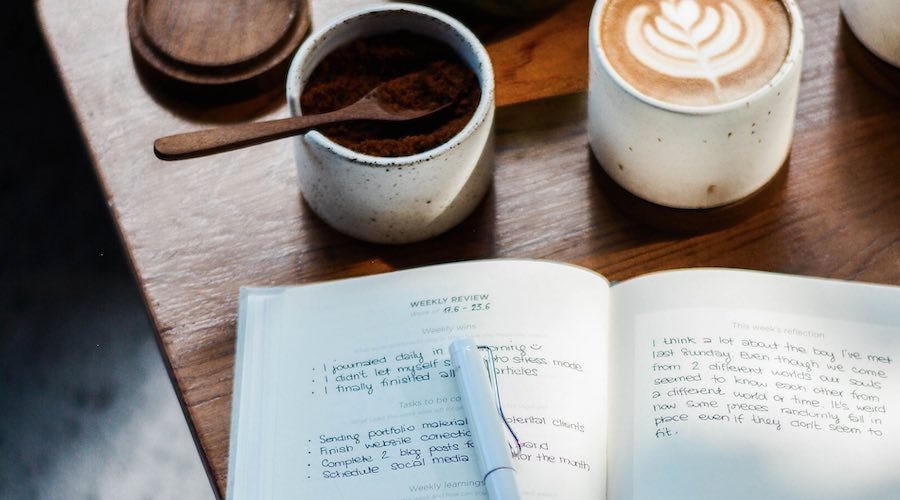 Weekly planner with cappuccino