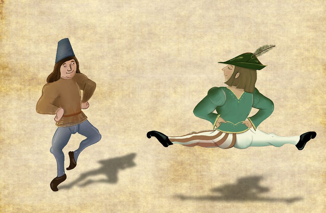 medieval men dancing in dandy pants