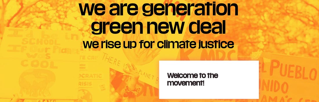 Screenshot of welcome to green new deal rising