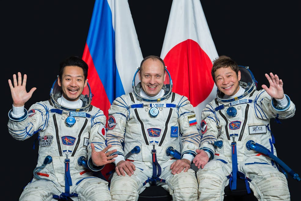 Spaceflight participant Yozo Hirano, Roscosmos cosmonaut Alexander Misurkin and spaceflight participant Yusaku Maezawa.