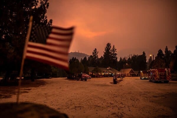 Fire crews standing by in the town of Johnsondale, not far from the Sequoia National Forest.
