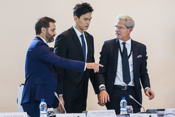 Sun Yang arriving for a rare public doping hearing at the Court of Arbitration for Sport.