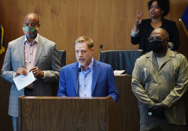 Jay Farner, CEO of Quicken Loans, talks about racism during a press conference Wednesday, June 3, 2020. CEOs of nine of Detroit's largest corporations stood together to take a stand against racism and injustice in America and its criminal justice system.