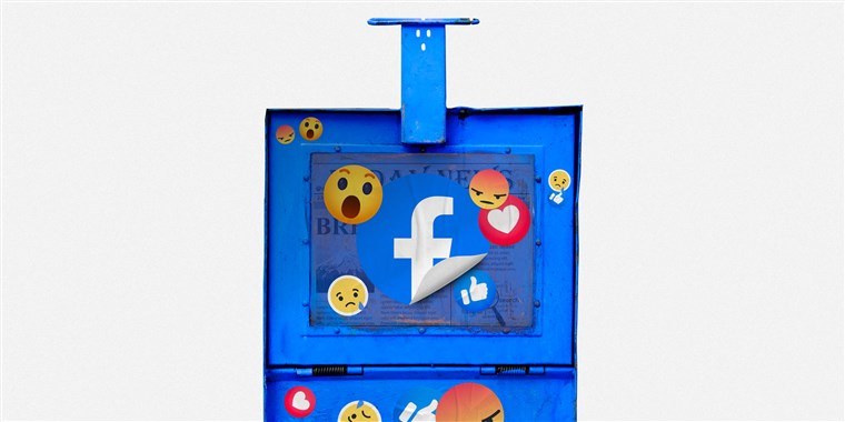 Image: Illustration shows a worn-down newspaper box with Facebook emoji stickers on it.