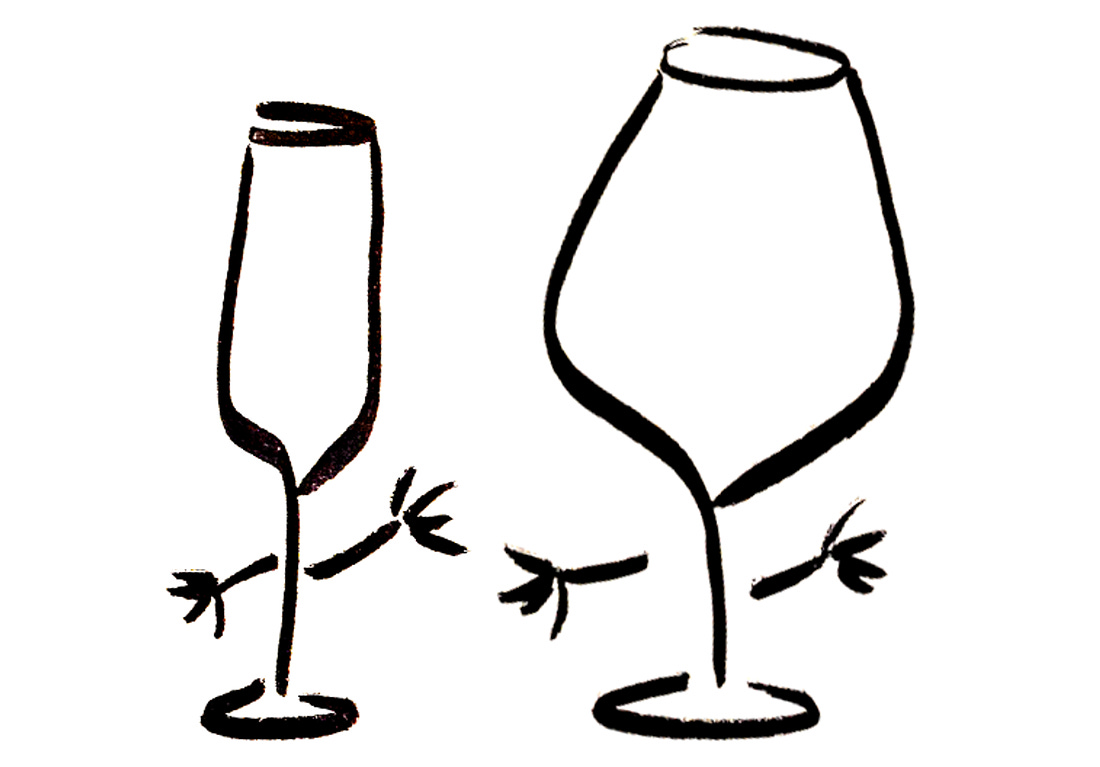 Two anthropomorphic wine glasses being friendly