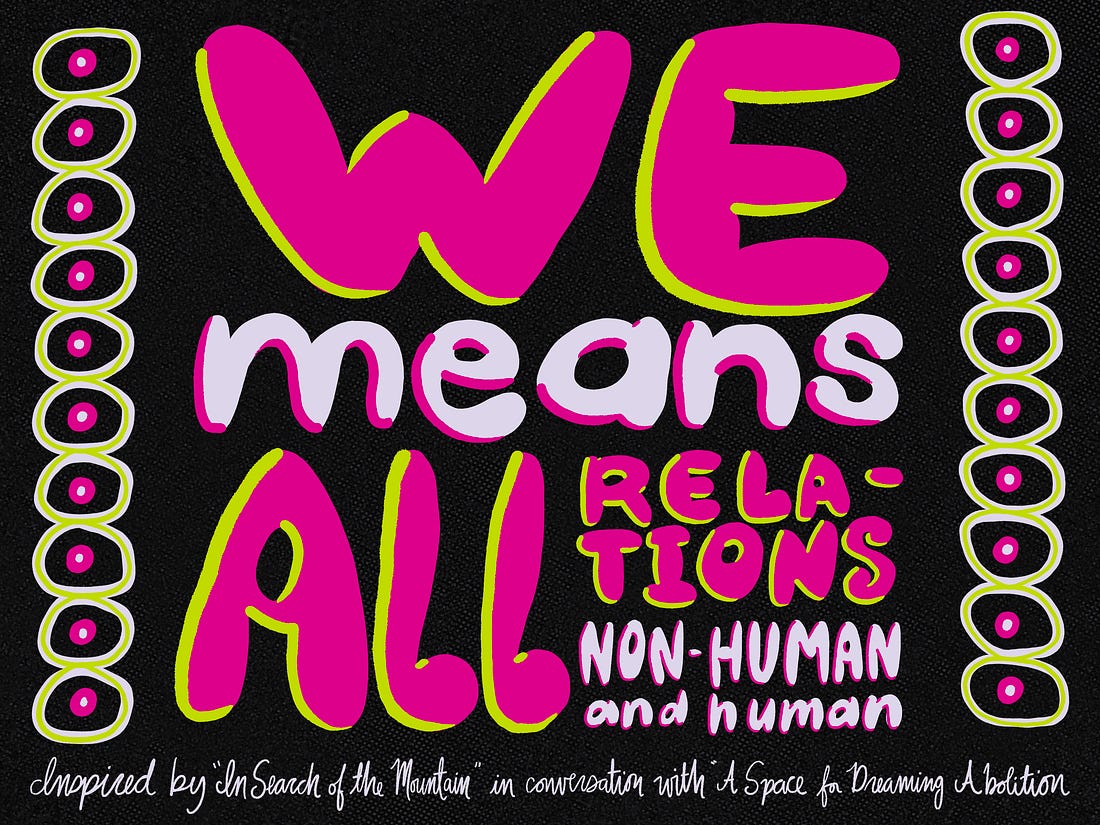 Handlettering in pink and white of the phrase, We means all relations non-human and human. Inspired by "In Search of the Mountain" in conversation with "A Space for Dreaming Abolition" It is framed by outlined of white circles with pink circle centers that have a white dot on top. 