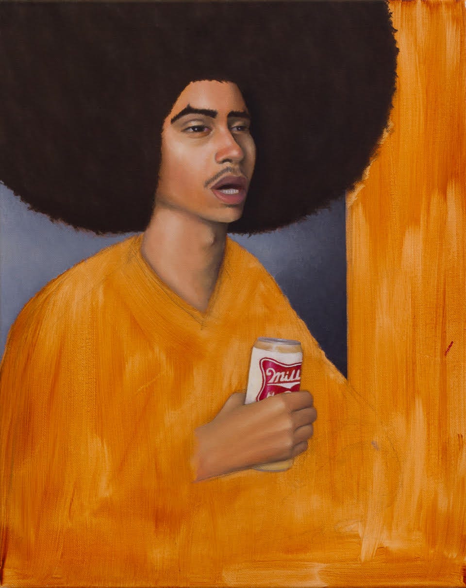 Jake Troyli painting of Black man with large afro holding beercan