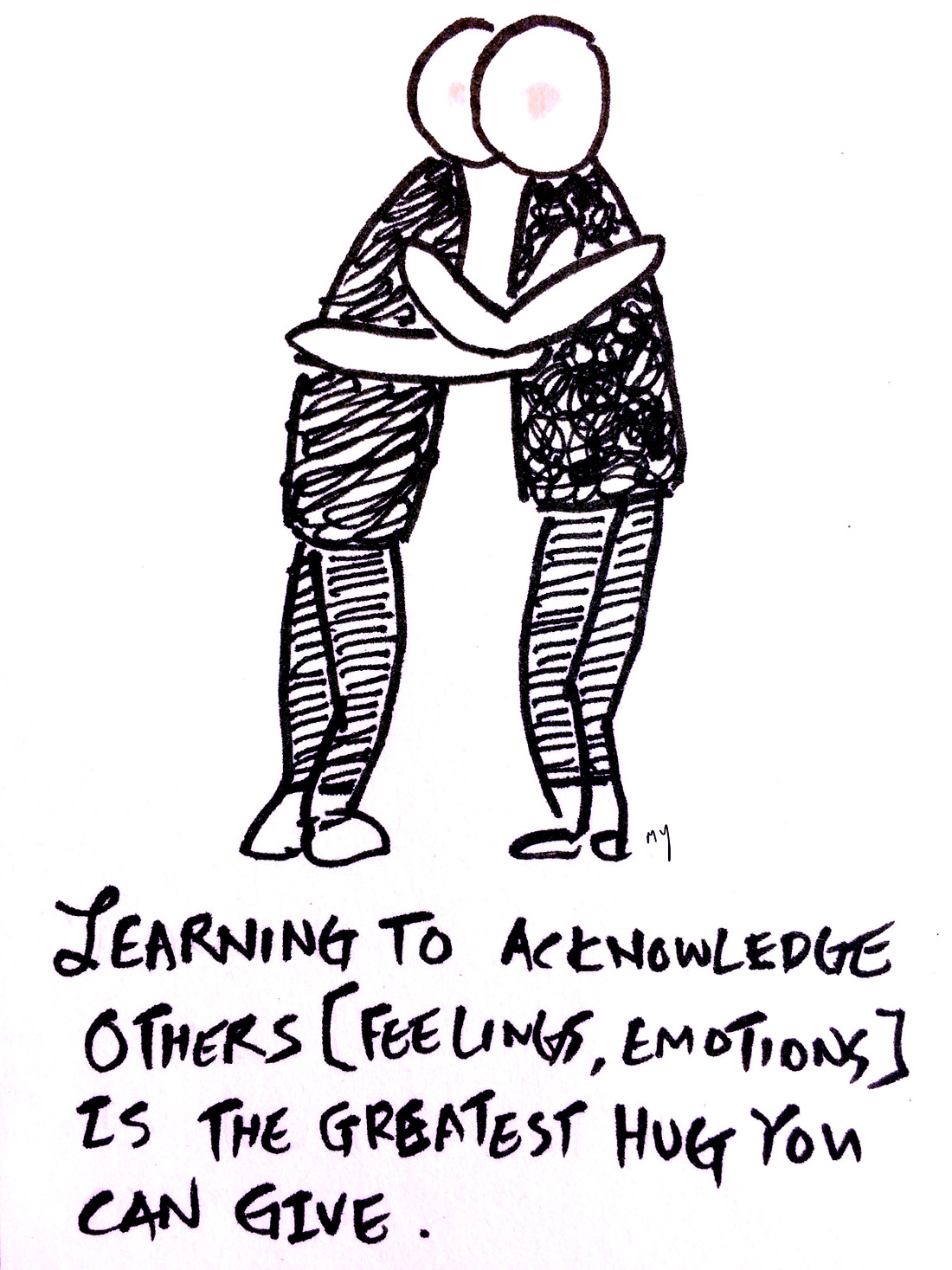 The last panel showed the two people hugging. The caption reads: Learning to acknowledge others [feelings and emotions] is the greatest hug you can give. 