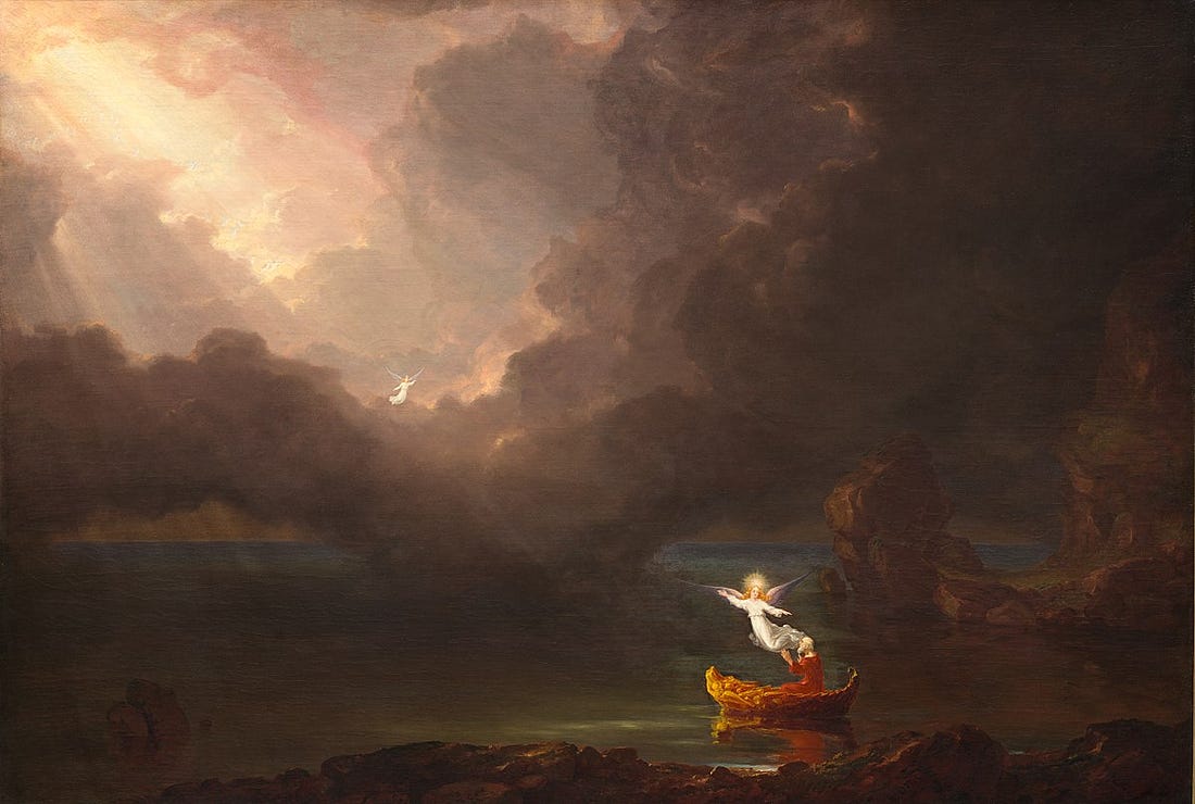 The last painting in Thomas Cole's series "The Voyage of Life," this one, titled “Old Age,” shows how the stream of life has reached the ocean of eternity where the voyager floats aboard his broken, weathered vessel. All signs of nature and “corporeal existence” are cast aside. The guardian angel, whom he sees for the first time, directs his gaze toward a beckoning, soft light emerging from the parting clouds—the vision of eternal life.