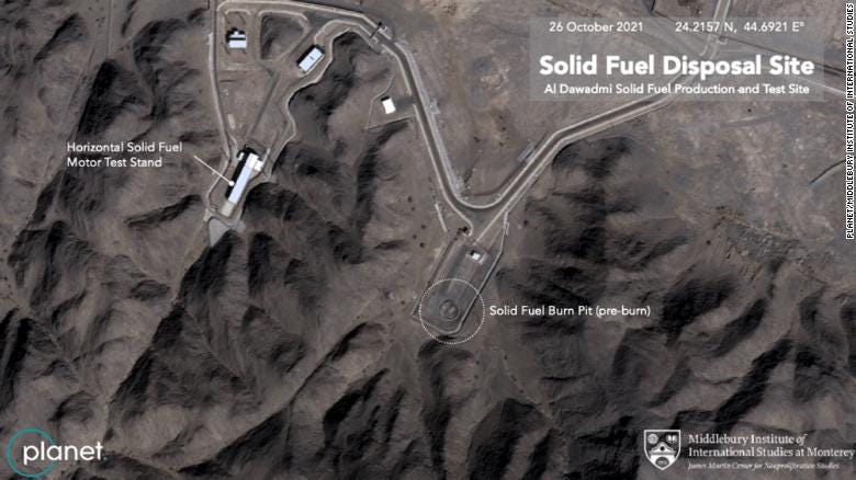 New satellite images suggest Saudi Arabia is now producing ballistic missiles at the site. The key piece of evidence is that the facility is operating a &quot;burn pit&quot; to dispose of solid-propellant leftover from the production of ballistic missiles.  