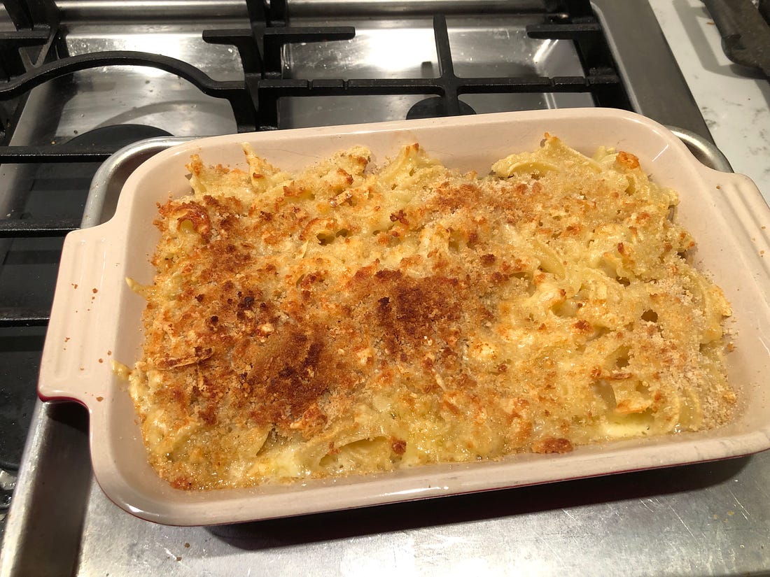 The finished dish. The bread crumbs and cheese on top have toasted and turned brown and crunchy. 