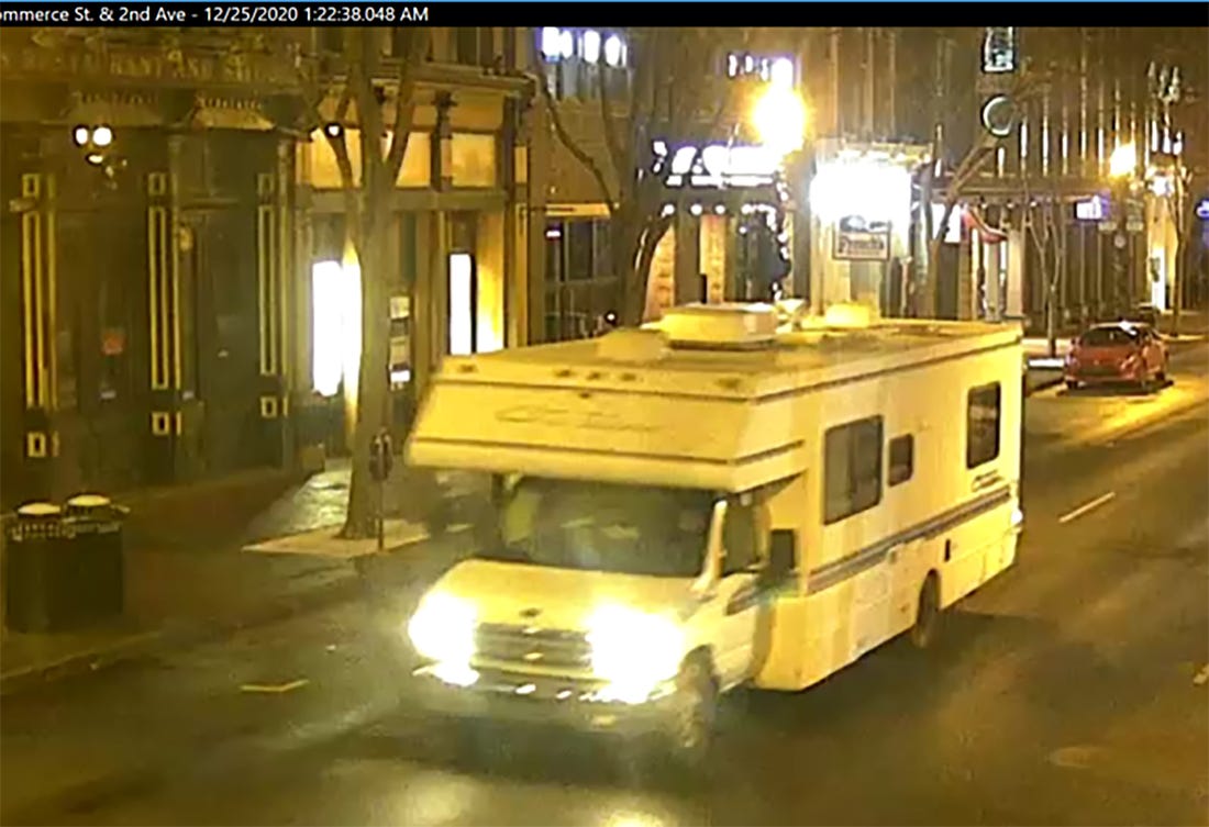 NASHVILLE, TENNESSEE - DECEMBER 25: In this handout image provided by the Metro Nashville Police Department, a screengrab of surveillance footage shows the recreational vehicle suspected of being used in the Christmas day bombing on December 25, 2020 in Nashville, Tennessee. A Hazardous Devices Unit was en route to check on a recreational vehicle which then exploded, extensively damaging some nearby buildings. According to reports, the police believe the explosion to be intentional, with at least 3 injured and human remains found in the vicinity of the explosion. (Photo by Metro Nashville Police Department via Getty Images)