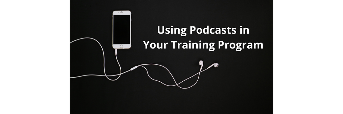 white iPhone with headphones attached on black background with title using podcasts in your safety training program