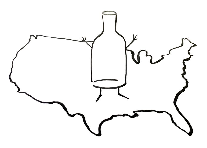 An anthropomorphic wine bottle standing on a map of the United States