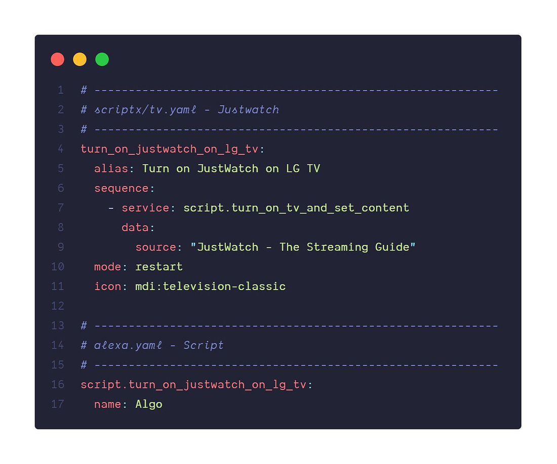 Codi de l'script d'activació de l'aplicació de JustWatch a una TV utilitzant  home assistant.
