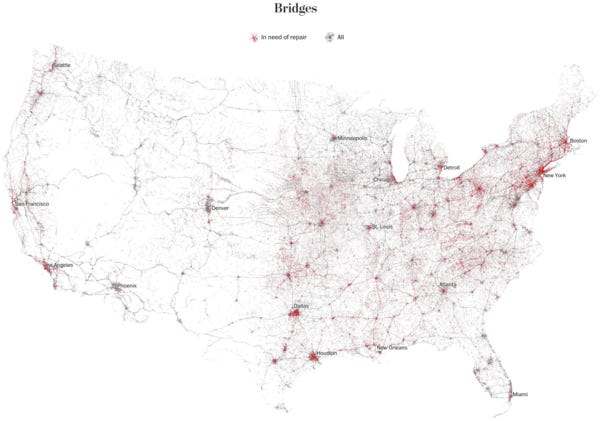 The US needs new bridges 🙁  Click through for more impressive infrastructure viz.