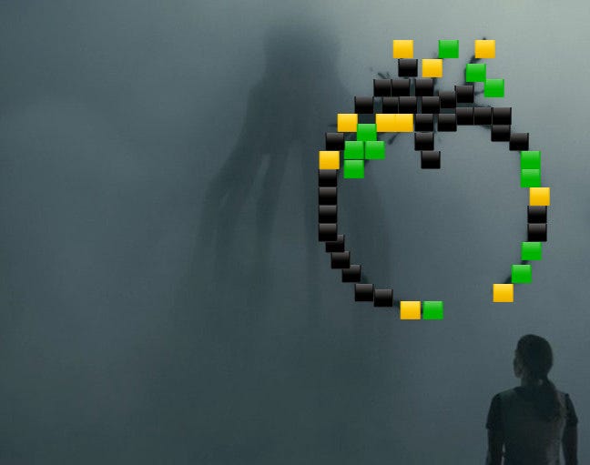 Screenshot from the movie “Arrival” showing the huge octopus alien thing in its foggy tank and a complex, round blob of black, yellow and green Wordle squares.