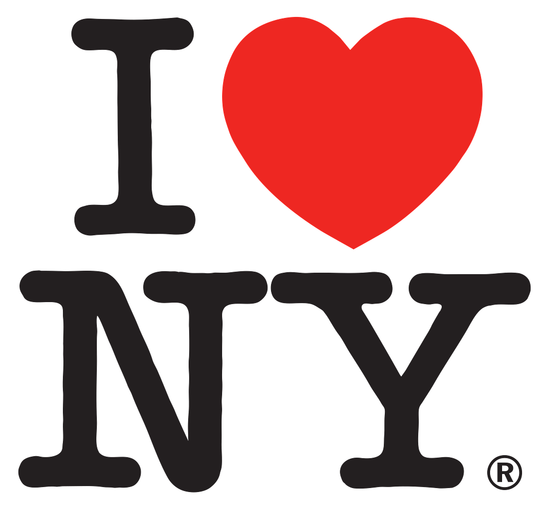 The logo consists of the capital letter I, followed by a red heart symbol, below which are the capital letters N and Y, set in the rounded slab serif typeface American Typewriter.