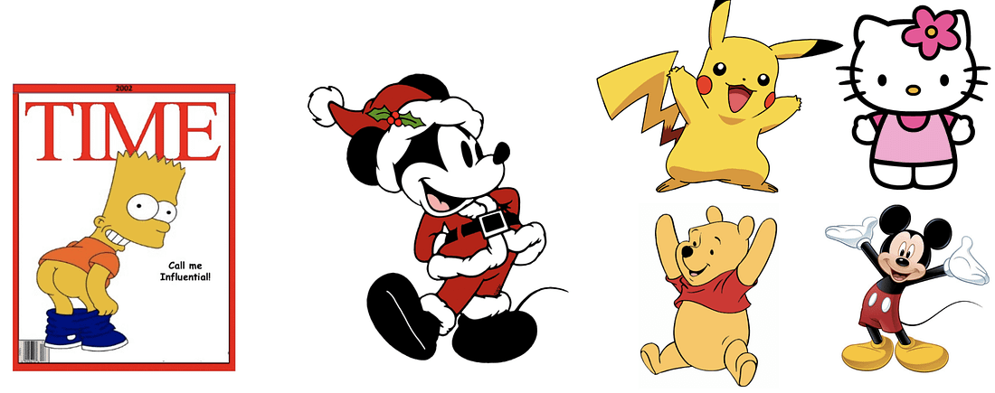 Bart Simpson, Mickey Mouse, Pikachu, Hello Kitty, Winnie The Pooh