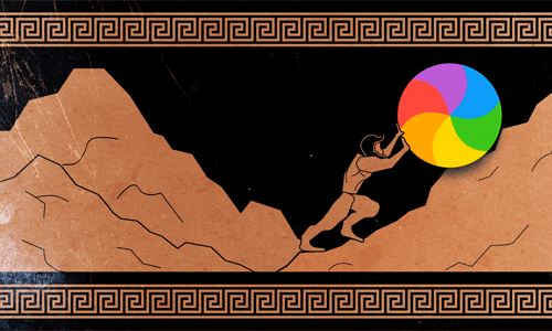 Sisyphus rolls a "spinning rainbow of death" Apple loading graphic up a hill [gif]