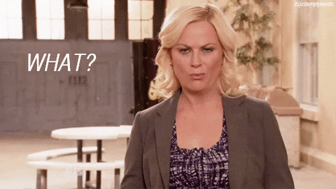 Leslie Knope says, "What?"