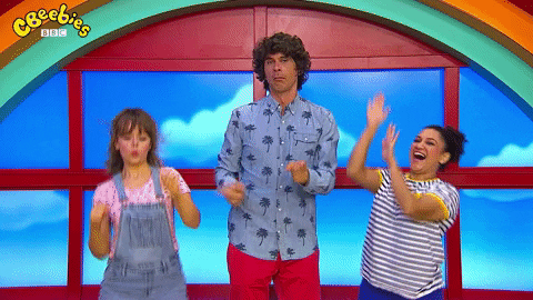 Kids' show (Cbeebies BBC) footage where adults are dancing silly [gif]