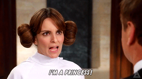 Liz Lemon says, "I'm a Princess!" She is dressed like Princess Leia. [gif]