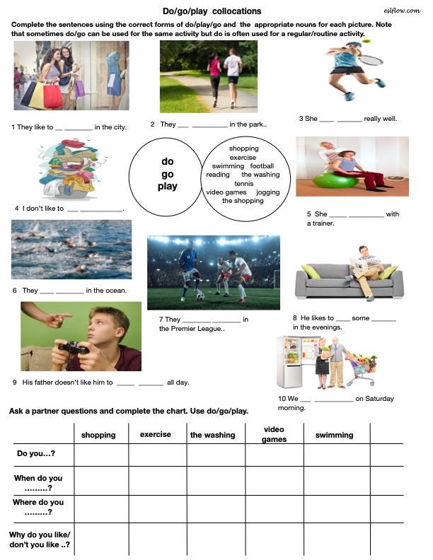 Elementary verb collocation exercises - by Peter Snashall - Eslflow’s ...