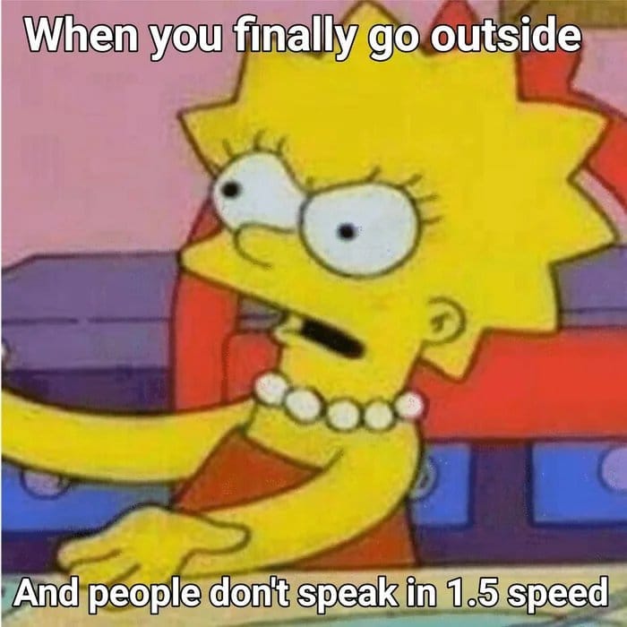 May be an image of text that says 'When you finally go outside And people don't speak in 1.5 speed'