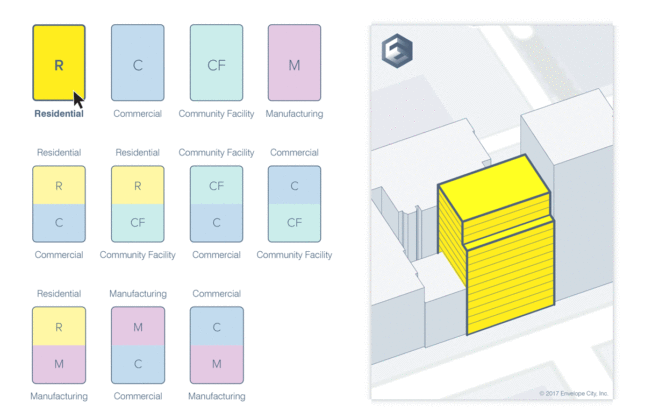 Envelope software displaying building uses available for a particular parcel Envelope software displaying building uses available for a particular parcel