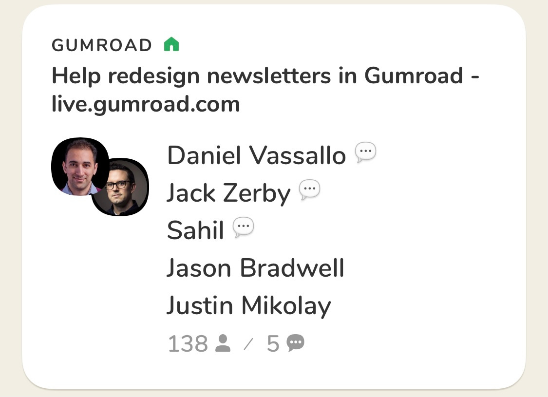 Screenshot of Clubhouse user interface with a room called: Help redesign newsletters in Gumroad