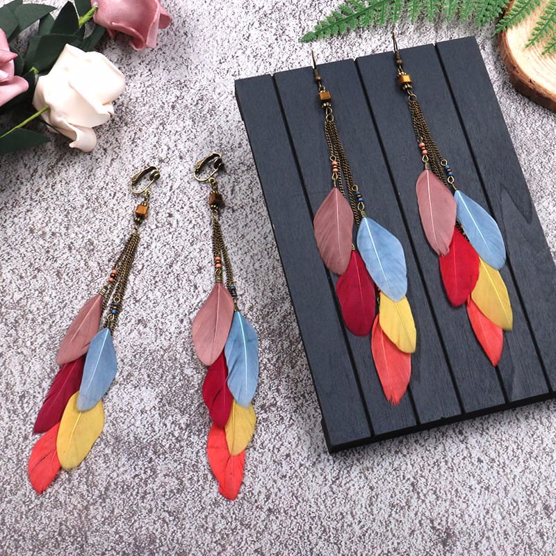 2pcs Retro Stainless Steel Rose Feather Dangle Drop Stud Earrings Bar Barbell
