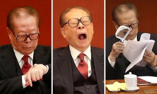 Three pictures of Jiang Zemin, looking at his watch, yawning, and examining some papers with a magnifying glass Three pictures of Jiang Zemin, looking at his watch, yawning, and examining some papers with a magnifying glass