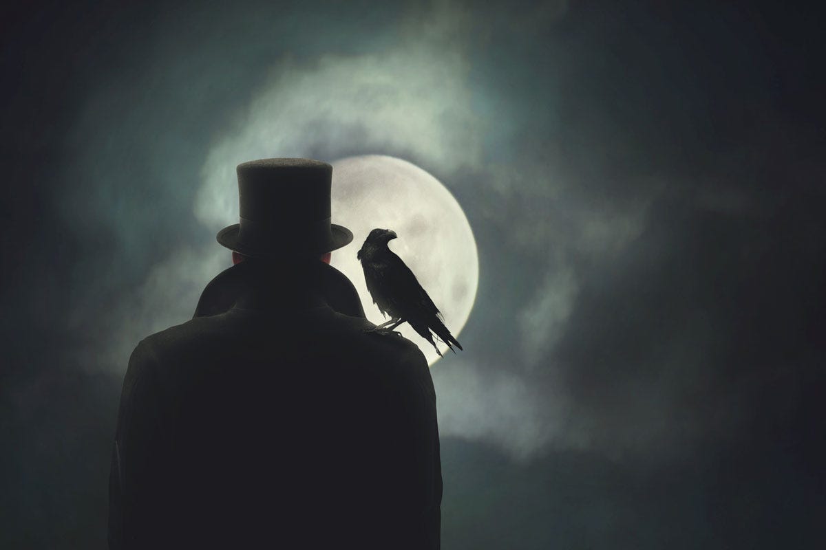 Letter to a Tyrant: Dark Shadowy Figure with Crow on Shoulder Facing Moon