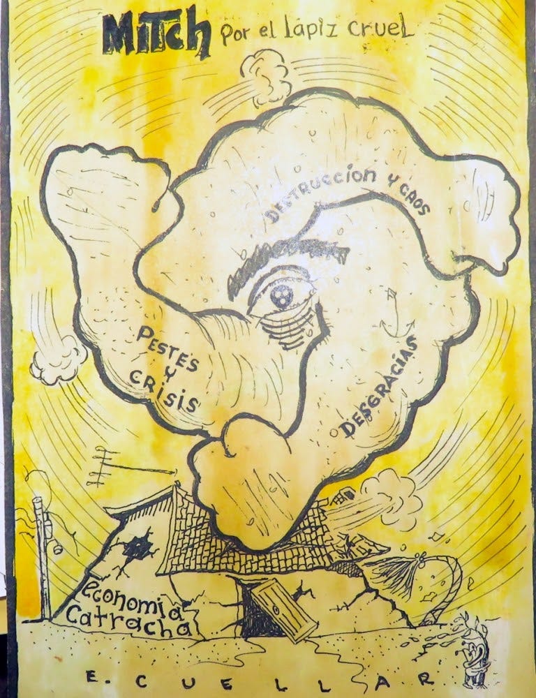 Political cartoon depicting the impacts of hurricane mitch