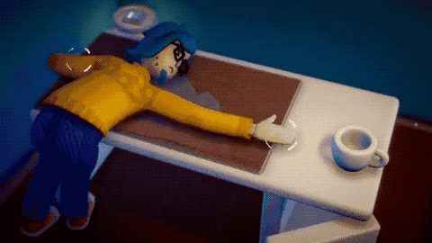 A gif of a floppy animated video game character rolling around on his desk attempting to pick up a coffee cup, from the game “Exhausted Man” A gif of a floppy animated video game character rolling around on his desk attempting to pick up a coffee cup, from the game “Exhausted Man”