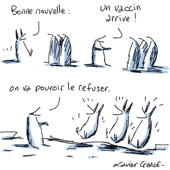Dessin de Xavier Gorce dans le Monde sur les antivax