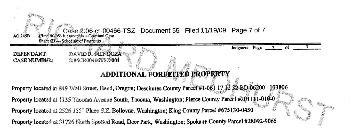 Court documents list some of the properties Mendoza forfeited to the United States government, including the building in Tacoma, WA