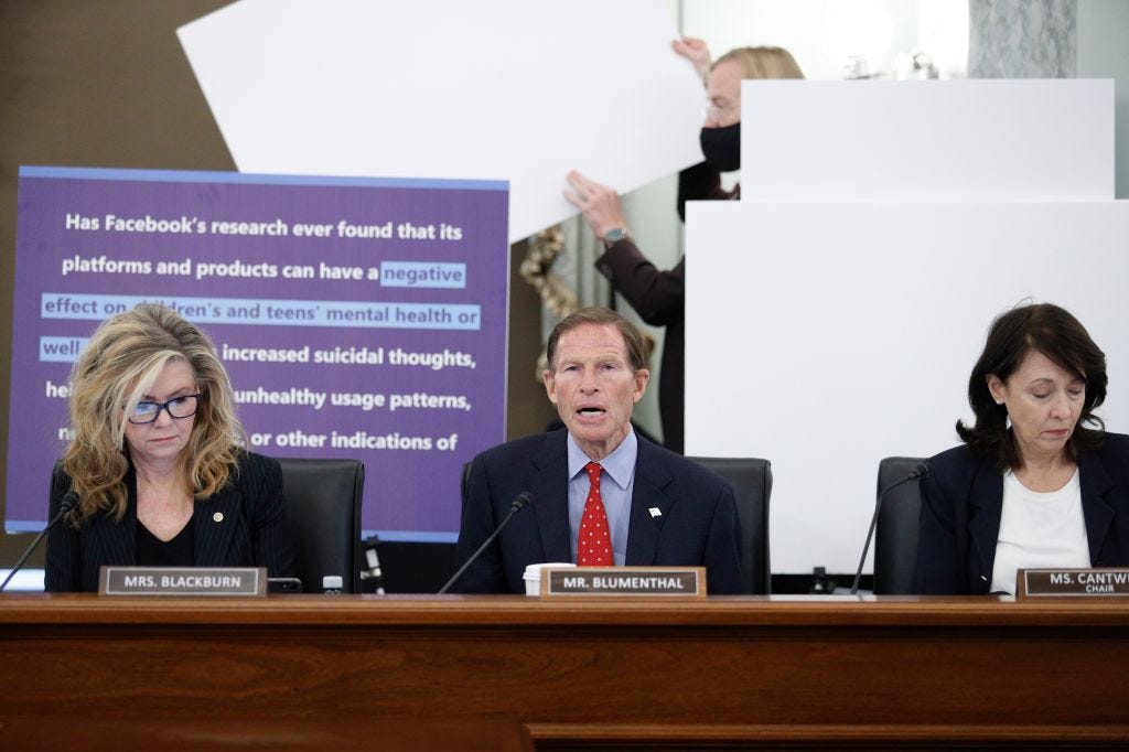 Sen. Richard Blumenthal (D-CT) delivers opening remarks Thursday during a hearing on Facebook and children's online safety in Washington, DC. (Tom Brenner / Getty Images) Sen. Richard Blumenthal (D-CT) delivers opening remarks Thursday during a hearing on Facebook and children's online safety in Washington, DC. (Tom Brenner / Getty Images)