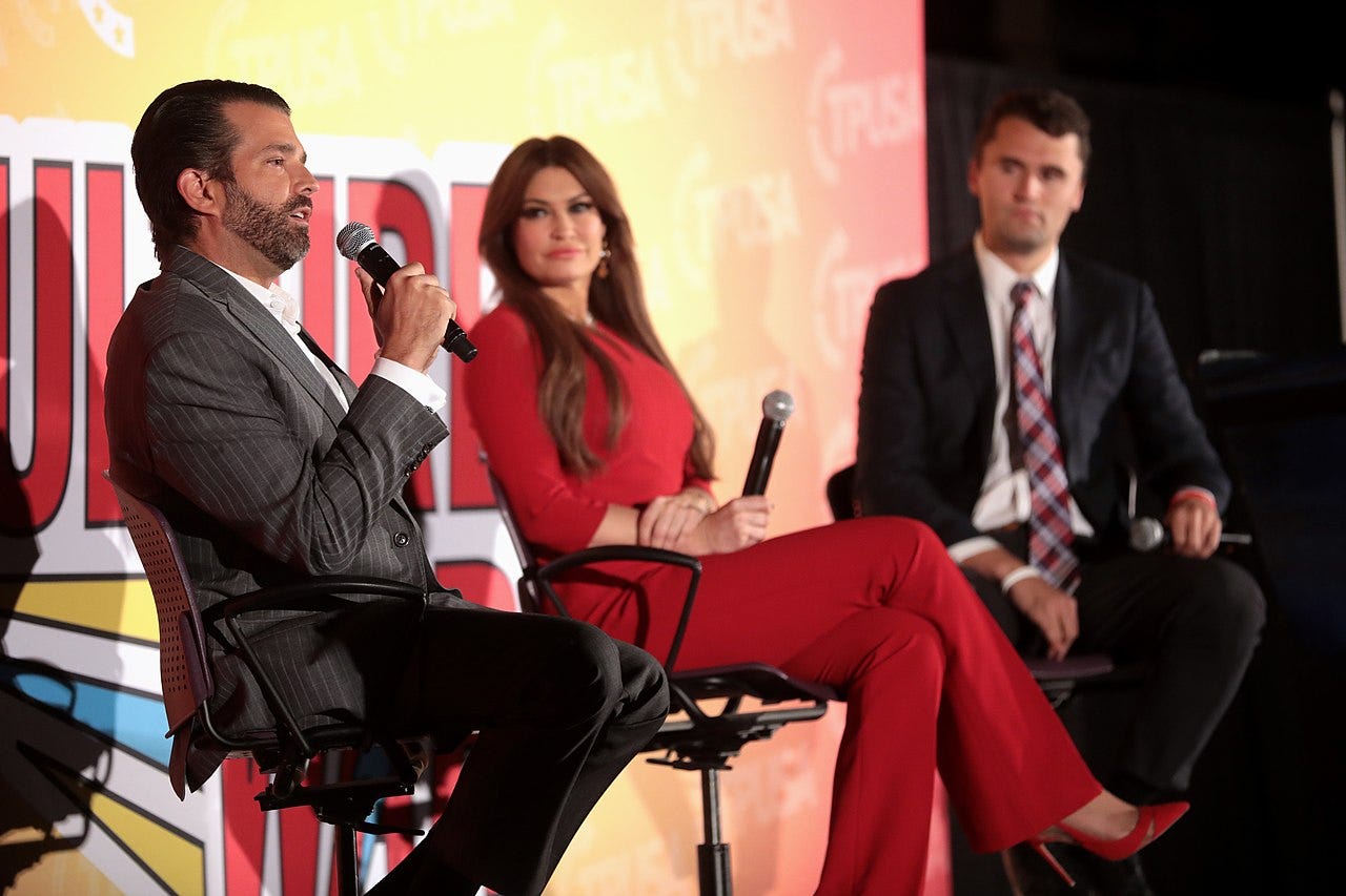 Donald Trump Jr., Kimberly Guilfoyle and Charlie Kirk speaking with attendees at the 2019 Culture War tour in Phoenix, Arizona. Donald Trump Jr., Kimberly Guilfoyle and Charlie Kirk speaking with attendees at the 2019 Culture War tour in Phoenix, Arizona.